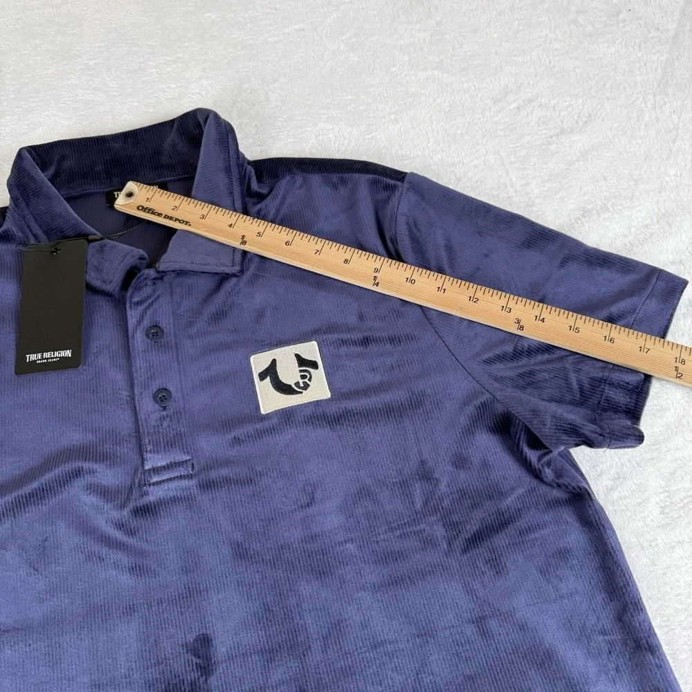 True Religion Velour Polo Shirt Men's Medium‎ Eclipse Blue Short Sleeve New $99